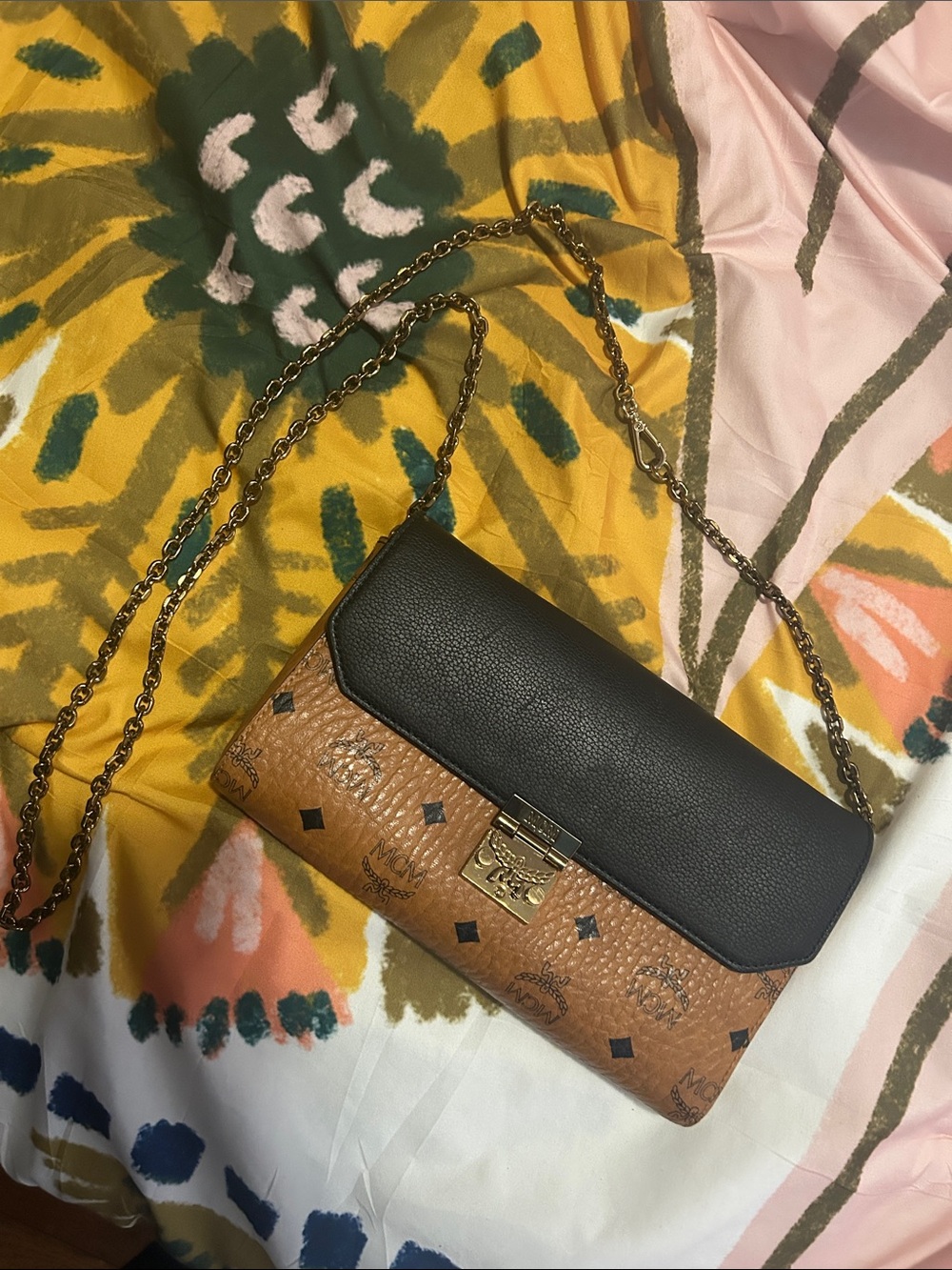 MCM Black and Cognac Viseto Logo Chain Crossbody